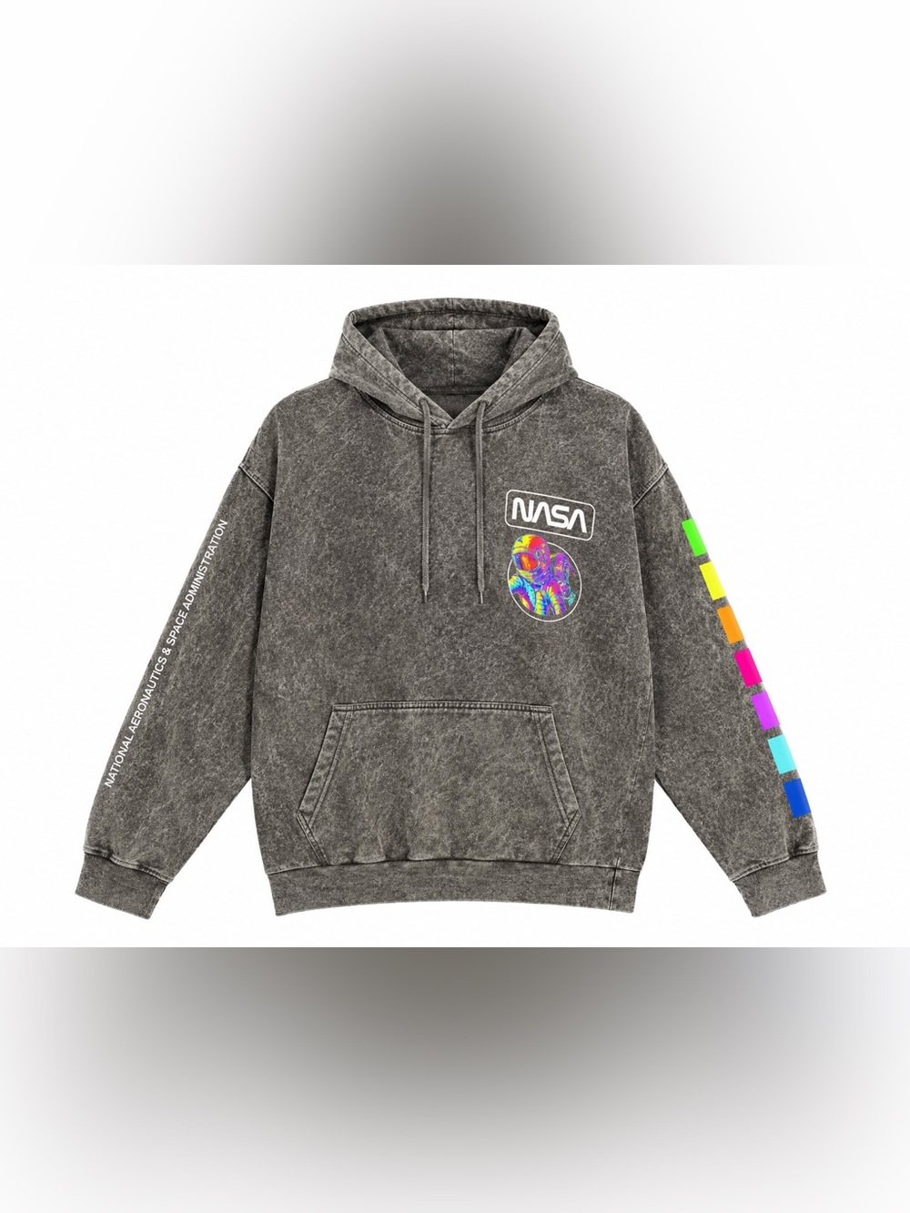 NASA Black Mineral-Wash Hoodie with Rainbow Sleeve Blocks